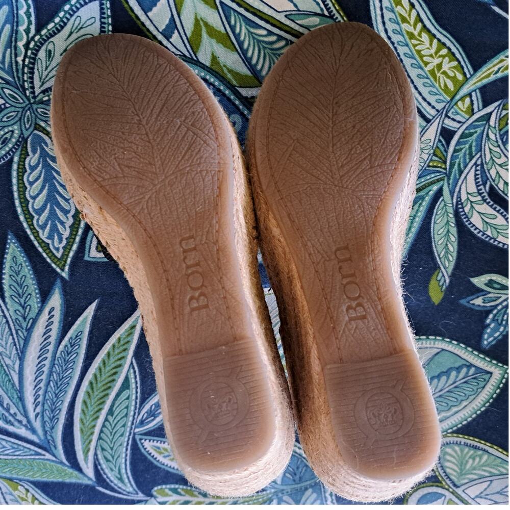 Born Tan Leather and denim blue Espadrille Wedge Sandals - Picture 9 of 10